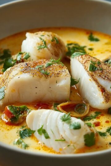 Bowl of creamy Fish Soup Recipe with large pieces of white fish, fresh cilantro, and a rich golden broth.