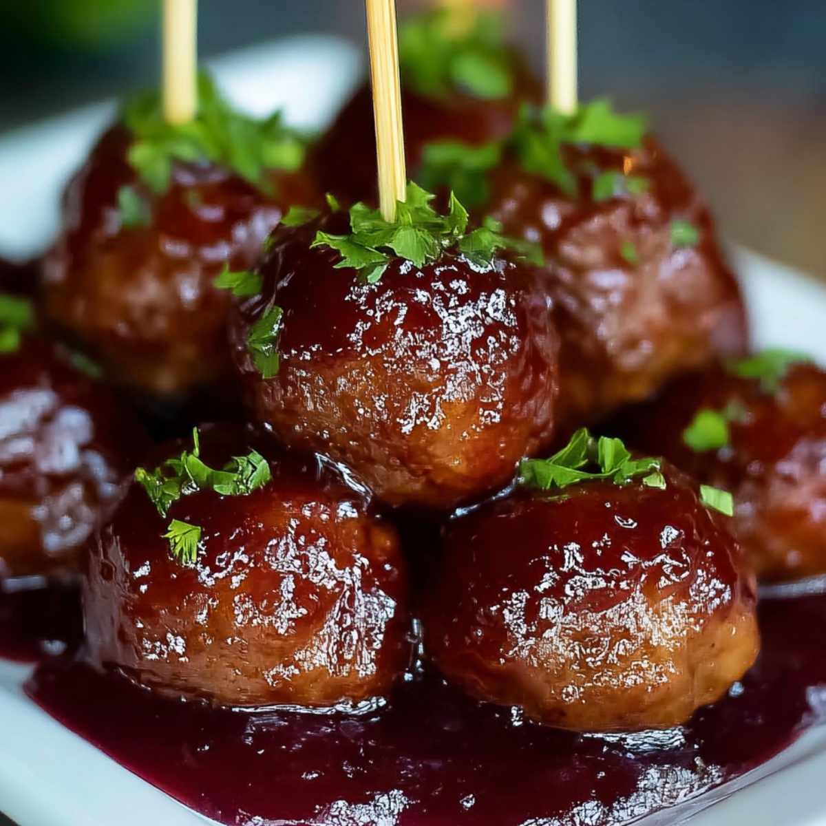 A bowl of grape jelly meatballs coated in a glossy sauce, garnished with fresh parsley.