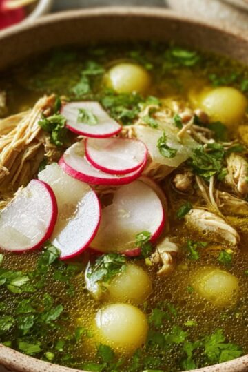 A delicious looking bowl of Green Pozole Recipe Chicken with shredded chicken, topped with radish slices, cilantro, and garnished with lime wedges, accompanied by a side of fresh radishes.