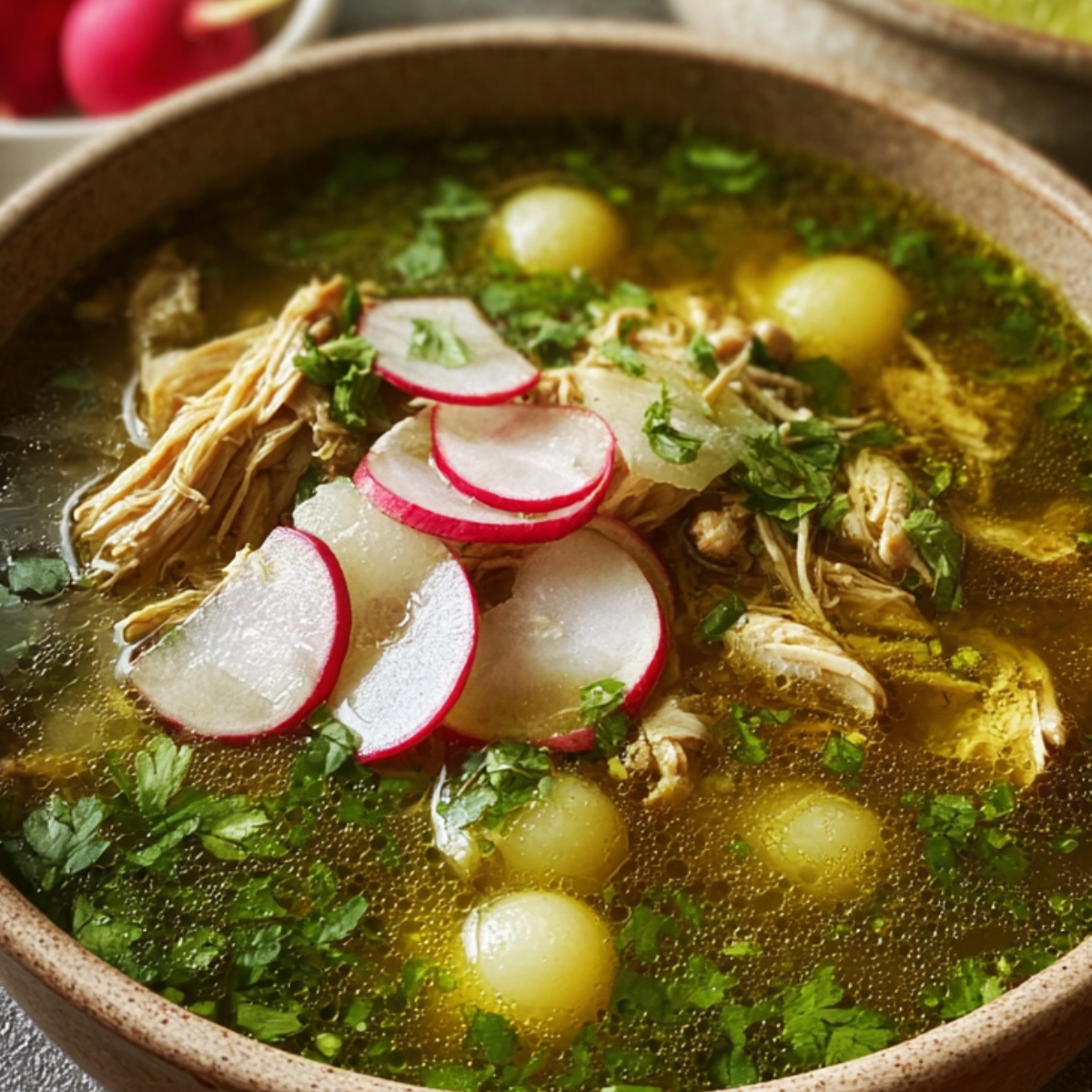 A delicious looking bowl of Green Pozole Recipe Chicken with shredded chicken, topped with radish slices, cilantro, and garnished with lime wedges, accompanied by a side of fresh radishes.