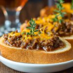 Hanky Panky Recipe slices topped with a sausage and melted cheese mixture, garnished with fresh thyme sprigs, served on a white plate with a cocktail glass in the background.