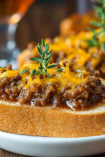 Hanky Panky Recipe slices topped with a sausage and melted cheese mixture, garnished with fresh thyme sprigs, served on a white plate with a cocktail glass in the background.