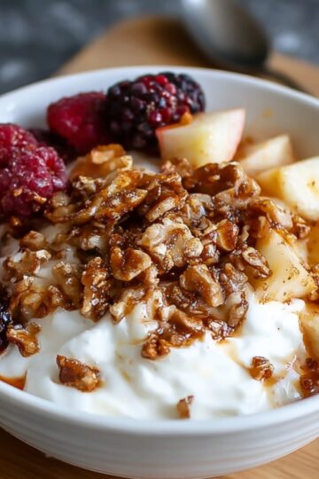 A bowl of Greek Healthy Yogurt Bowl Recipe with fresh raspberries, blackberries, diced apples, and crunchy granola.
