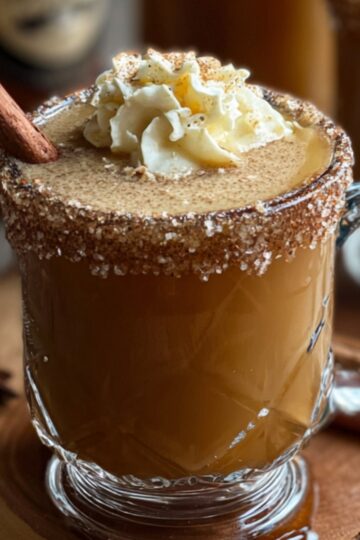 A recipe card for hot buttered rum recipe , showing ingredients like dark rum, butter, spices, and sugar, and instructions on how to prepare the drink.