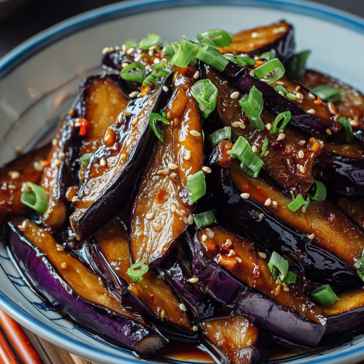 A bowl of Japanese Eggplant Recipe stir-fry coated in a savory-sweet soy glaze, topped with green onions and sesame seeds.