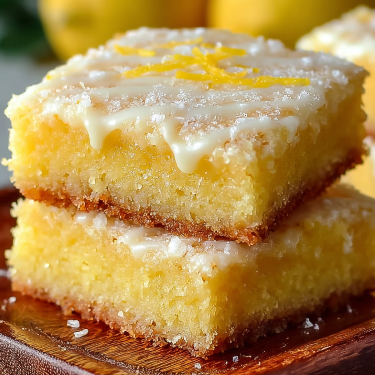 Two lemon brownies stacked on a wooden board, topped with glaze and sprinkled with lemon zest, with whole lemons in the background.