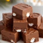 Chocolate fudge squares with Marshmallow Fudge Recipe – Neatly stacked cubes of smooth chocolate fudge with bits of marshmallow inside, arranged on a serving plate.