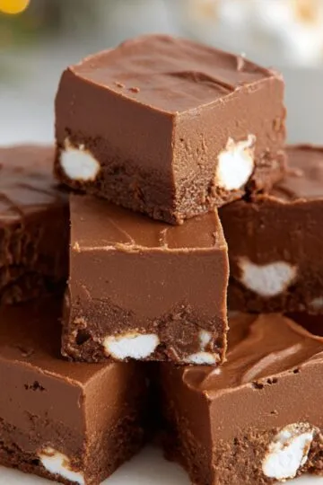 Chocolate fudge squares with Marshmallow Fudge Recipe – Neatly stacked cubes of smooth chocolate fudge with bits of marshmallow inside, arranged on a serving plate.