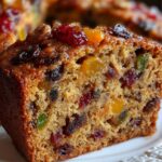 Finished Fruitcake Slice: A close-up of a Moist Fruit Cake Recipe slice showing colorful dried fruits and nuts inside, topped with candied fruit pieces.