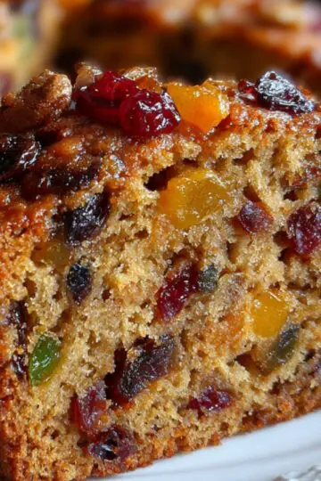 Finished Fruitcake Slice: A close-up of a Moist Fruit Cake Recipe slice showing colorful dried fruits and nuts inside, topped with candied fruit pieces.