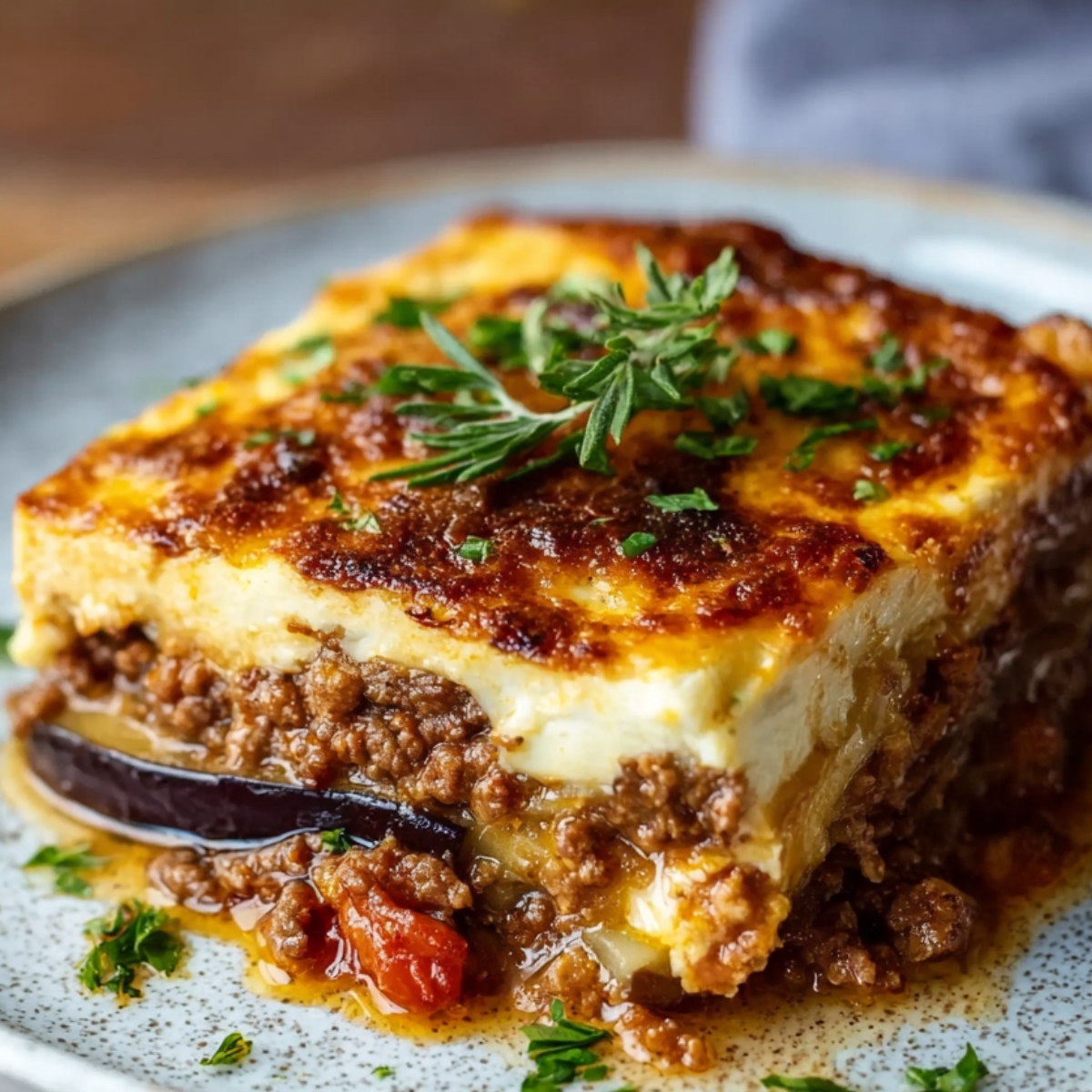 A slice of Moussaka Recipe with distinct layers of eggplant, meat sauce, and creamy béchamel, garnished with fresh herbs on a gray plate.