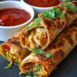 Golden-brown Paneer Roll Recipe on a dark serving board. Fresh cilantro sprinkled on top, with two small bowls of red dipping sauce. The wraps look crispy, tightly rolled, and filled with spiced paneer and veggies.