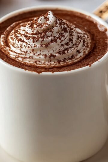 A white mug filled with rich Paris Hot Chocolate , topped with a swirl of whipped cream and dusted with cocoa, served on a saucer with croissants and a small Eiffel Tower model in the background.