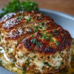 Baked Parmesan chicken meatloaf slices – Juicy golden-brown chicken meatloaf sliced and topped with fresh parsley in a pan.