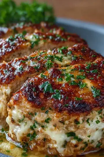 Baked Parmesan chicken meatloaf slices – Juicy golden-brown chicken meatloaf sliced and topped with fresh parsley in a pan.