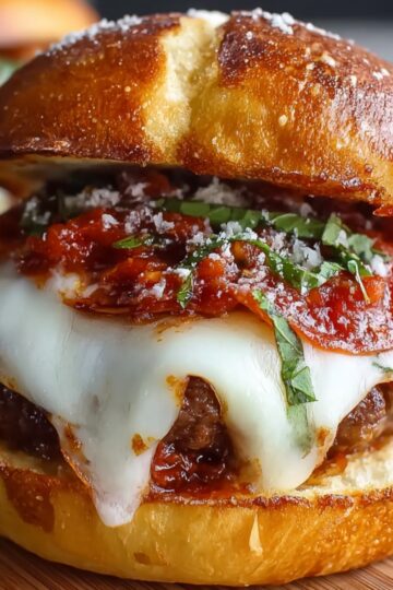 A mouth-watering Pizza Burger Recipe with melted mozzarella cheese, marinara sauce, and fresh basil on a soft pretzel bun.