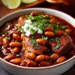 Bowl of Pork And Beans Recipe garnished with fresh parsley and chopped onions.
