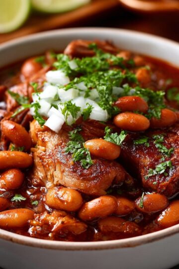 Bowl of Pork And Beans Recipe garnished with fresh parsley and chopped onions.