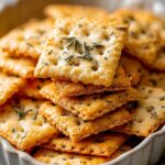 A bowl filled with golden, crispy Ranch Crackers Recipe sprinkled with dried herbs and garnished with fresh rosemary sprigs.