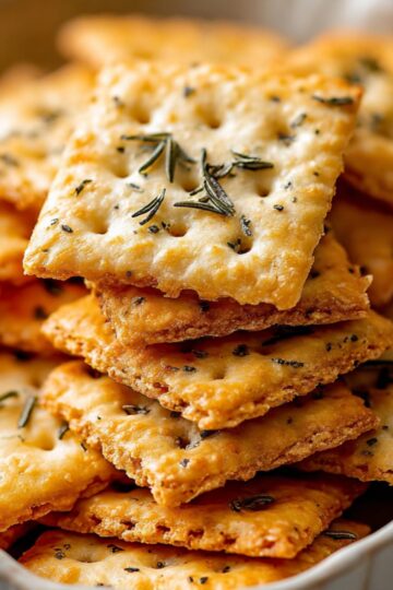 A bowl filled with golden, crispy Ranch Crackers Recipe sprinkled with dried herbs and garnished with fresh rosemary sprigs.