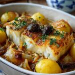 Cod fillets Recetas De Bacalao Al Horno with lemon slices and fresh chopped herbs.