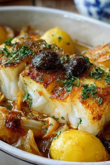 Cod fillets Recetas De Bacalao Al Horno with lemon slices and fresh chopped herbs.