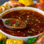 A bowl of rich brown Seafood Boil Sauce Recipe garnished with herbs, served with corn on the cob, shrimp, and crab legs around it.