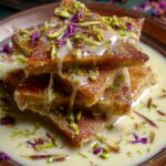 Shahi Tukda Recipe with garnish: A stacked serving of bread pieces soaked in rabri, topped with rose petals and nuts, with extra sauce pooling around.