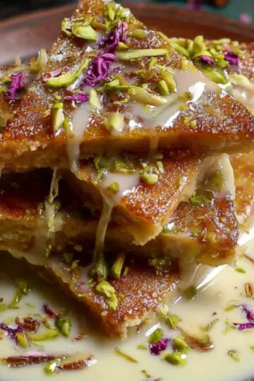 Shahi Tukda Recipe with garnish: A stacked serving of bread pieces soaked in rabri, topped with rose petals and nuts, with extra sauce pooling around.