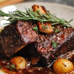 A plated serving of braised Short Ribs Recipe Oven in a dark sauce with pearl onions, garnished with a sprig of fresh rosemary.