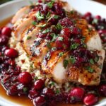 Plated turkey breast slices with Turkey Cranberry Recipe sauce served over rice, garnished with fresh parsley and herbs.