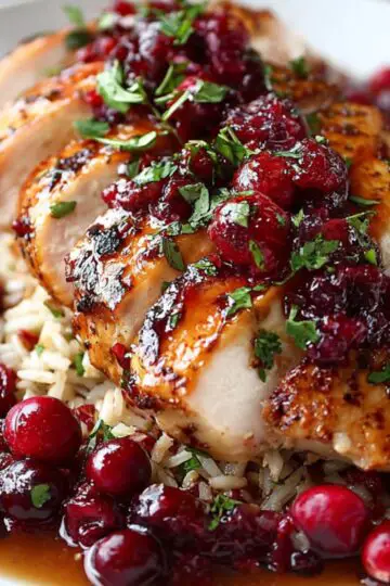 Plated turkey breast slices with Turkey Cranberry Recipe sauce served over rice, garnished with fresh parsley and herbs.
