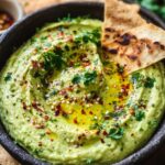 A serving bowl of creamy avocado dip recipe garnished with olive oil, fresh herbs, and crushed red pepper, surrounded by toasted flatbread pieces for dipping.