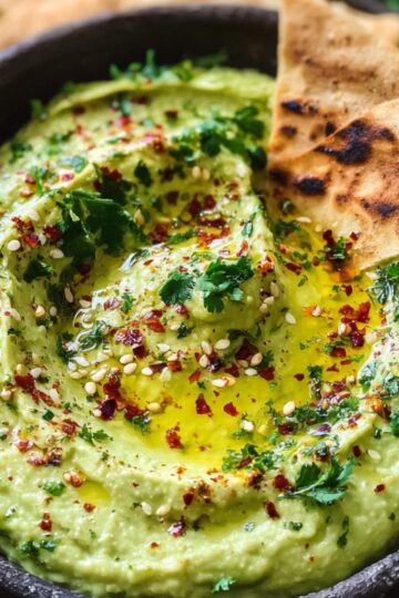 A serving bowl of creamy avocado dip recipe garnished with olive oil, fresh herbs, and crushed red pepper, surrounded by toasted flatbread pieces for dipping.