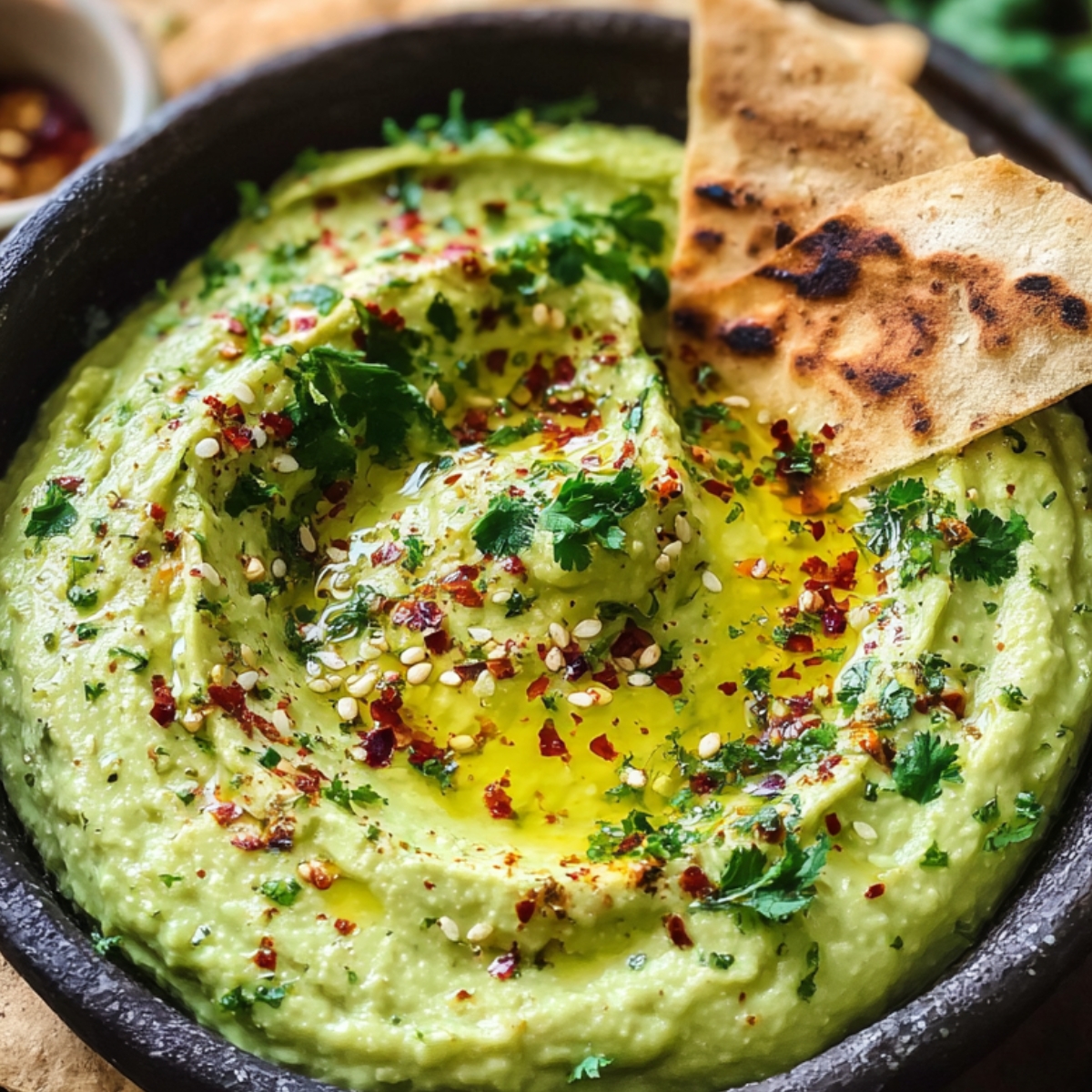 A serving bowl of creamy avocado dip recipe garnished with olive oil, fresh herbs, and crushed red pepper, surrounded by toasted flatbread pieces for dipping.