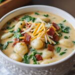 Finished bowl of bacon cheddar gnocchi soup – Creamy gnocchi soup in a white bowl, topped with bacon and shredded cheese, with leafy greens mixed in.