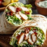A cut chicken caesar wraps recipe placed on a wooden board, filled with grilled chicken, lettuce, bacon, and Caesar dressing.