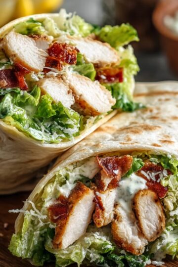 A cut chicken caesar wraps recipe placed on a wooden board, filled with grilled chicken, lettuce, bacon, and Caesar dressing.