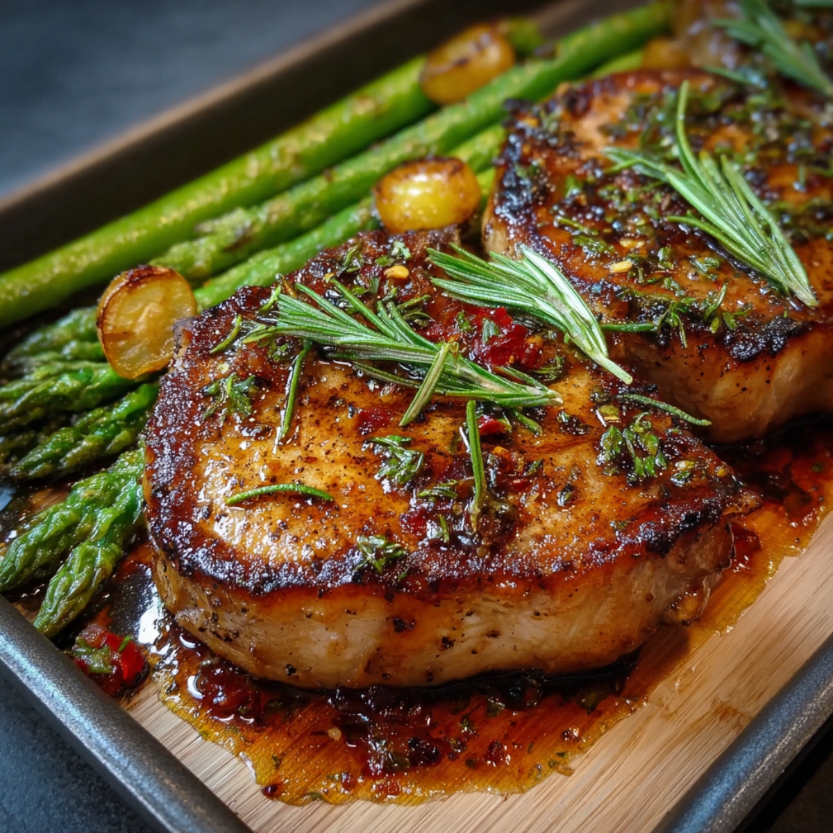 Pork chops roasted with asparagus and garlic, topped with rosemary and herb seasoning.