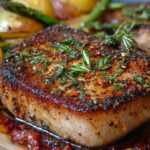 Close-up of a thick seared pork chops oven recipe garnished with fresh herbs, served with roasted vegetables.