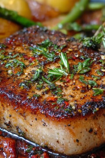 Close-up of a thick seared pork chops oven recipe garnished with fresh herbs, served with roasted vegetables.