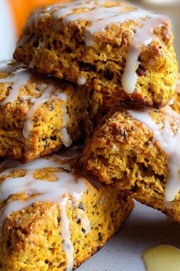 A plate stacked with golden-brown pumpkin scones recipe drizzled with white glaze, with a cup of tea and a teapot in the background.