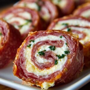 Close-up of neatly sliced salami cream cheese roll ups with creamy cheese and herbs, served on a white plate and garnished with fresh basil and chopped chives.