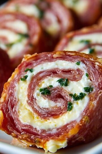 Close-up of neatly sliced salami cream cheese roll ups with creamy cheese and herbs, served on a white plate and garnished with fresh basil and chopped chives.