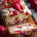 Baked and decorated loaf: Fully baked strawberry bread recipe topped with fresh strawberry slices and a white glaze, with a slice cut to reveal the inside.