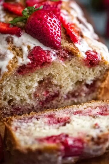 Baked and decorated loaf: Fully baked strawberry bread recipe topped with fresh strawberry slices and a white glaze, with a slice cut to reveal the inside.