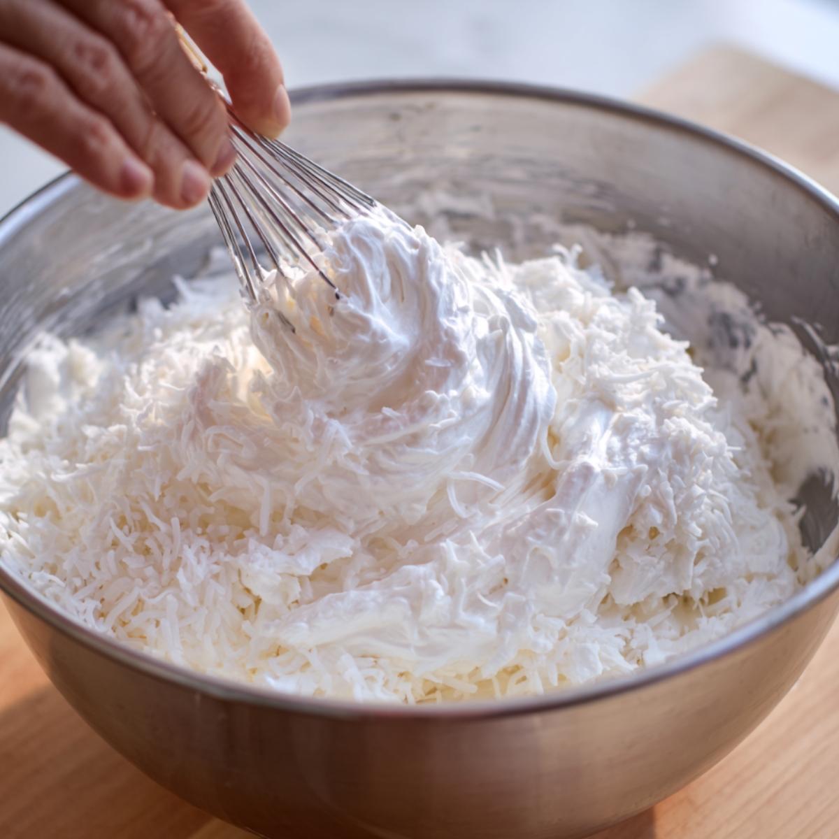 Person whisking whipped cream and shredded coconut in a metal mixing bowl.