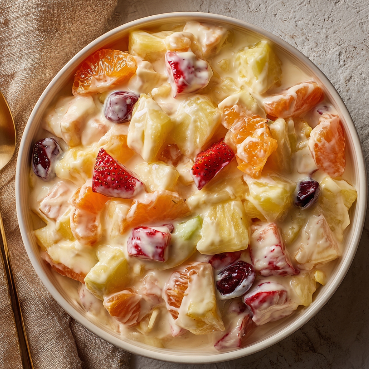 White bowl of creamy fruit salad with strawberries, oranges, pineapple, and grapes, with a gold spoon on the side.