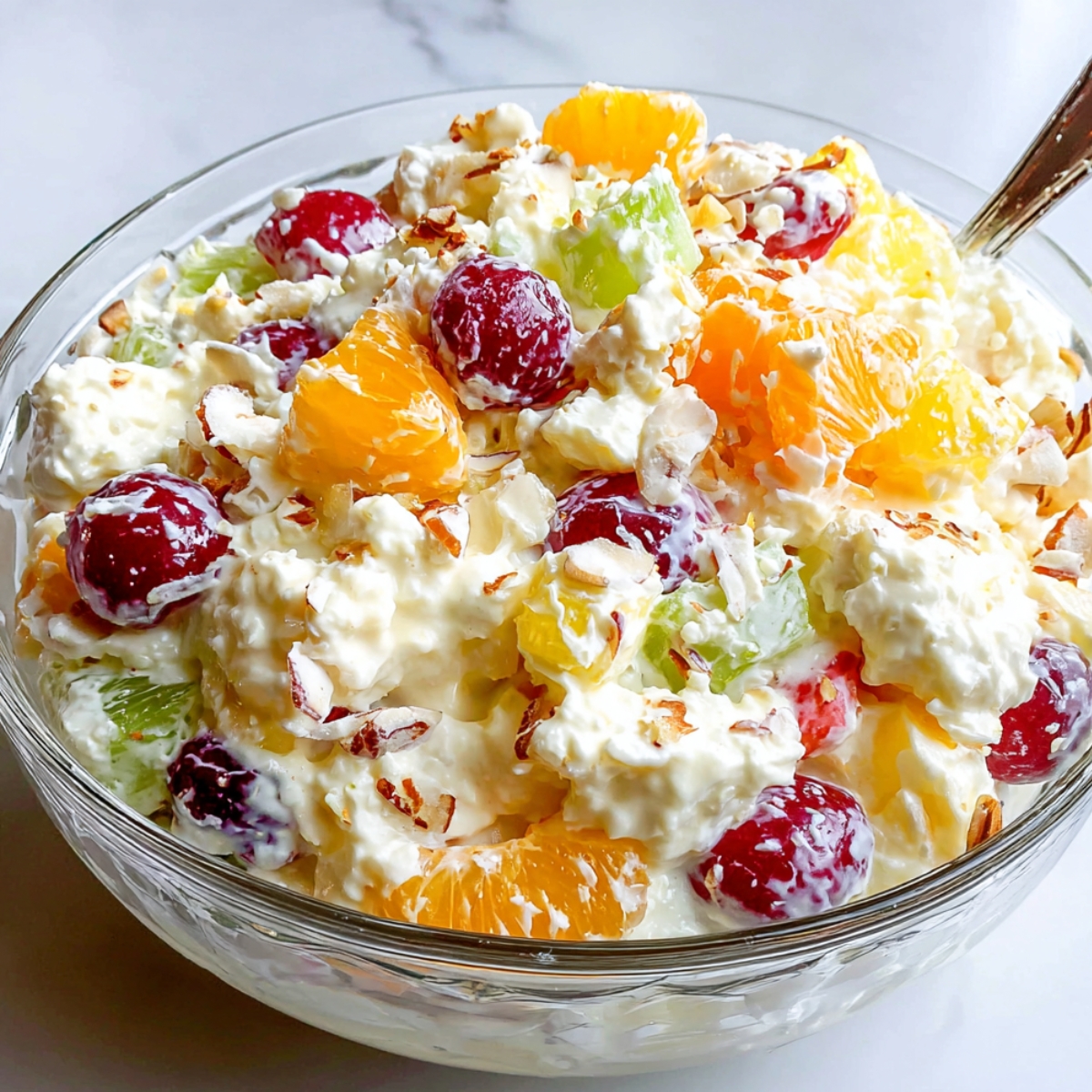 Large glass bowl filled with creamy fruit salad with grapes, oranges, pineapple, and sliced almonds.