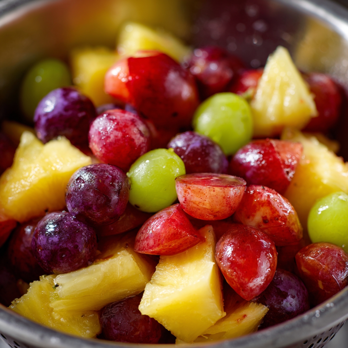 Metal bowl of fresh fruit including red and green grapes with pineapple chunks.